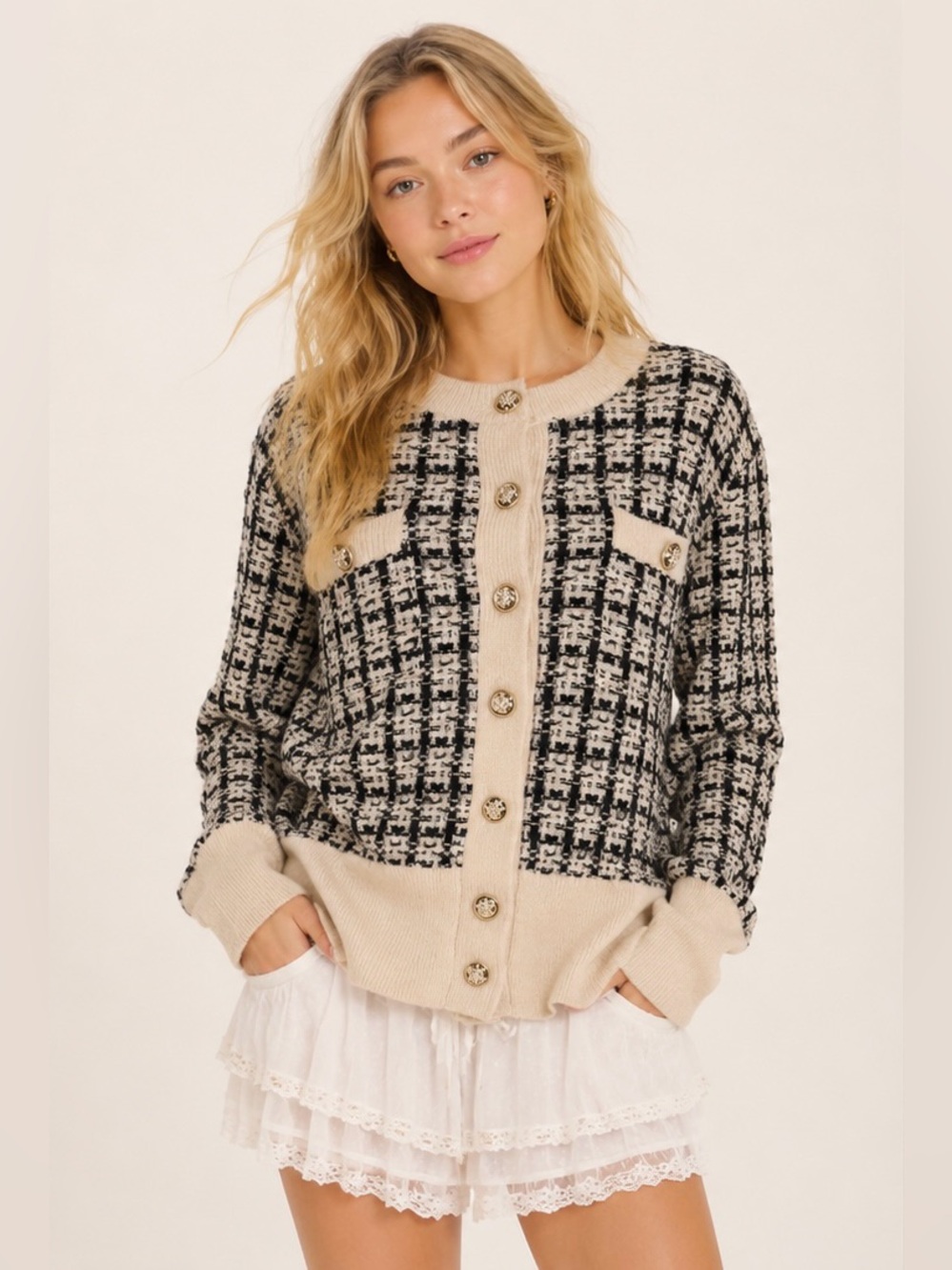 Beige and Black Tweed-Pattern Preppy Cardigan Sweater Size XXL